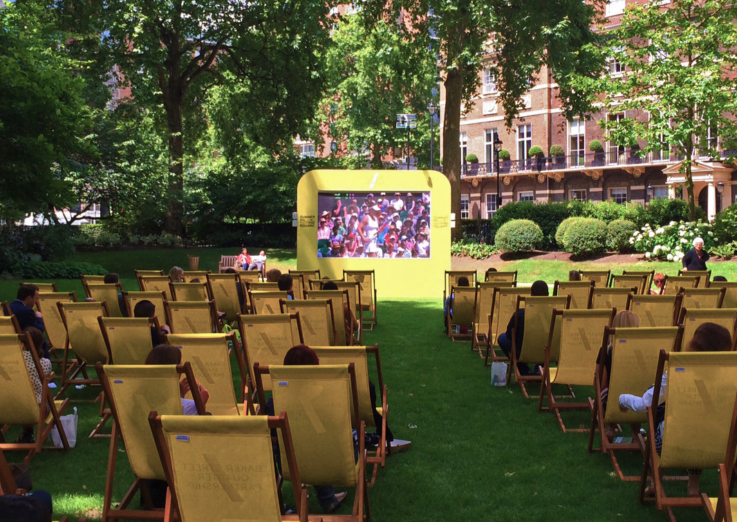 Outdoor Garden TV LED screen showing Wibledon Tennis Match